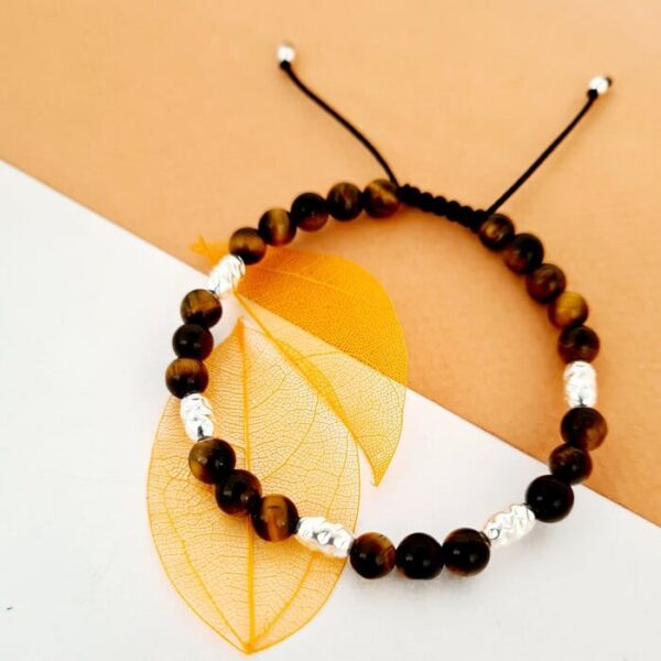 Bratara Conexiune profunda – Pietre Ochi de Tigru – Bilute din Argint 925 – Snur negru rezistent si reglabil