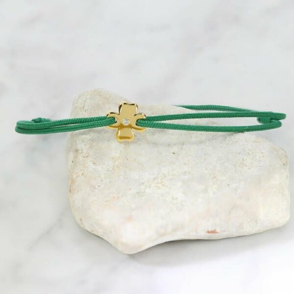 Bratara cu Diamant natural – Model trifoi – Aur Galben/Roz/Alb 14K si snur reglabil