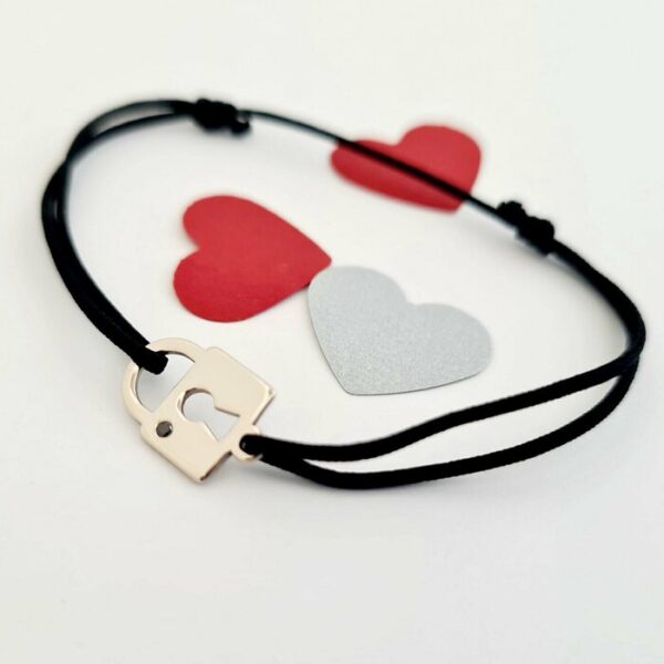 Bratara cu Diamant natural negru – Lacat – Aur Alb 14K si snur reglabil