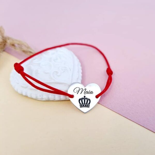 Bratara personalizata – Pandantiv inima cu nume si coroana – Argint 925 – snur reglabil