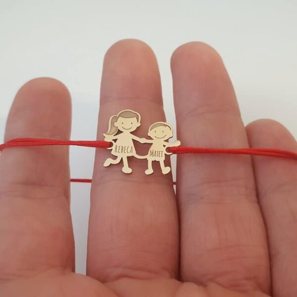 Bratara Familie – 2 Membri – pandant Aur Galben 14K – snur matase vegetala reglabil