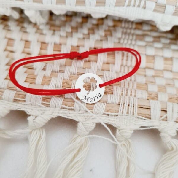 Bratara Good luck – Trifoi decupat si nume – Argint 925 – Snur reglabil, diverse culori