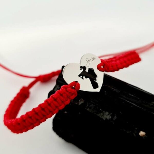 Bratara Inima – Model decupat – Mama si bebe – 15 mm diametru – Aur Alb 14K – snur reglabil impletit