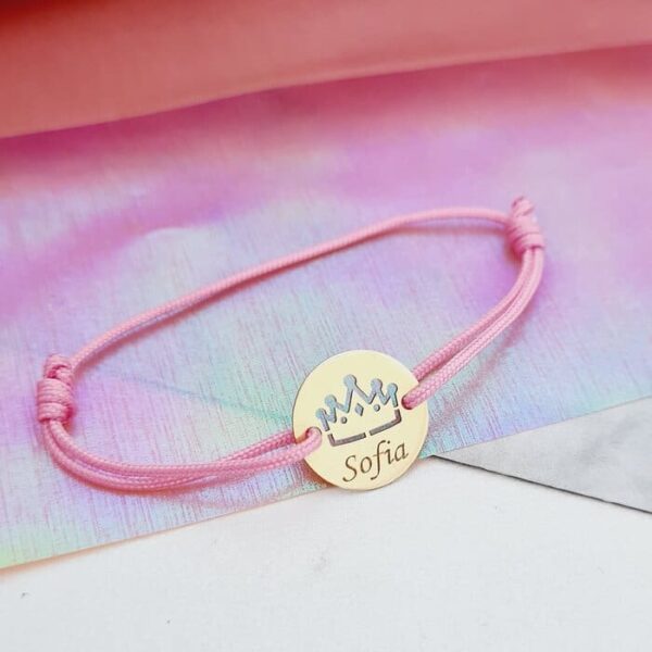 Bratara Mica printesa – Banut 12 mm personalizat cu nume – Aur Galben 9K – Snur reglabil, diverse culori