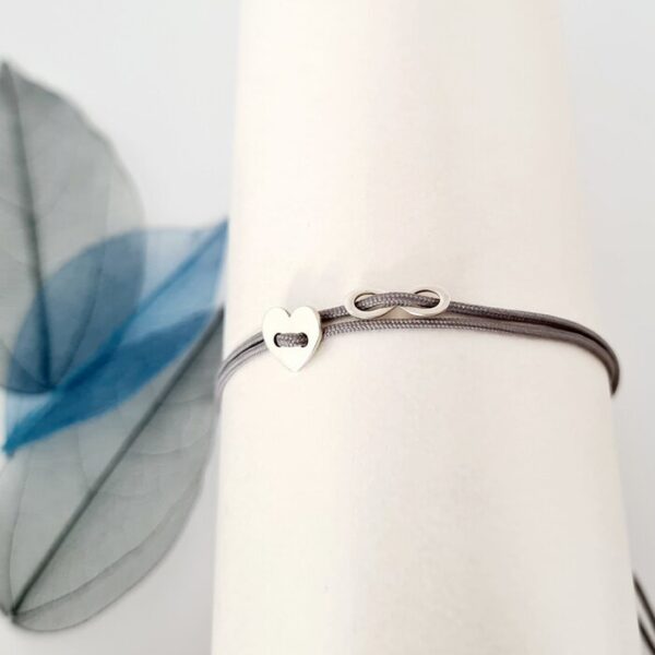 Bratara cu snur glisanta – Inima si infinit tip nasture – Argint 925