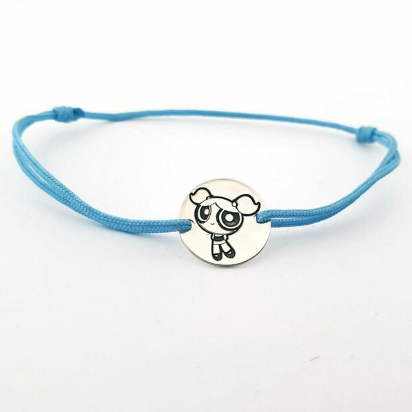 Bratara personalizata – Banut 12mm – Bubbles – Fetitele Powerpuff – Argint 925 – snur reglabil albastru