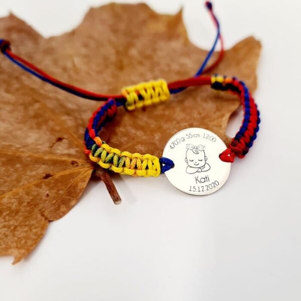 Bratara personalizata – Banut 15 mm – Pui de roman – Argint 925 – Snur impletit tricolor