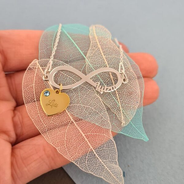 Bratara personalizata cu lantisor si pandantiv infinit cu 1 nume din Argint 925 – Charm inimioara gravata din Argint 925 placat cu Aur Galben 18K