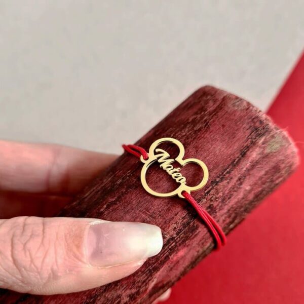 Bratara personalizata cu nume – Forma Soricel – Argint 925 placat cu Aur Galben 18K – Snur reglabil, diverse culori