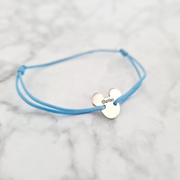 Bratara personalizata cu nume – Forma Soricel – Argint 925 – snur reglabil