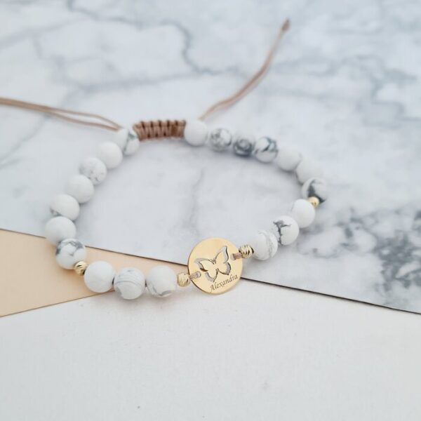 Bratara personalizata – Fluture decupat – Banut 12 mm si 4 bilute din Aur Galben 14K – Pietre semipretioase