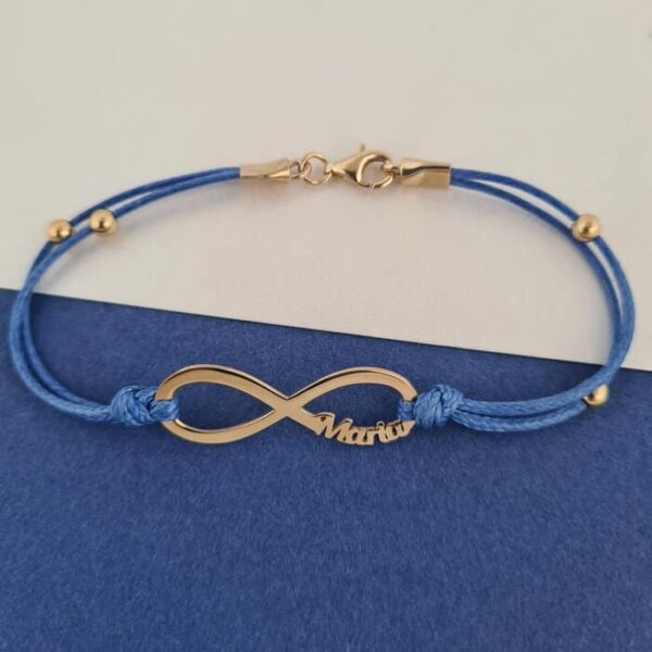 Bratara Infinit cu 1 nume decupat si 4 bilute de 4 mm – Argint 925 placat cu Aur Galben 18K – Snur dublu rezistent si inchizatoare tip carabina