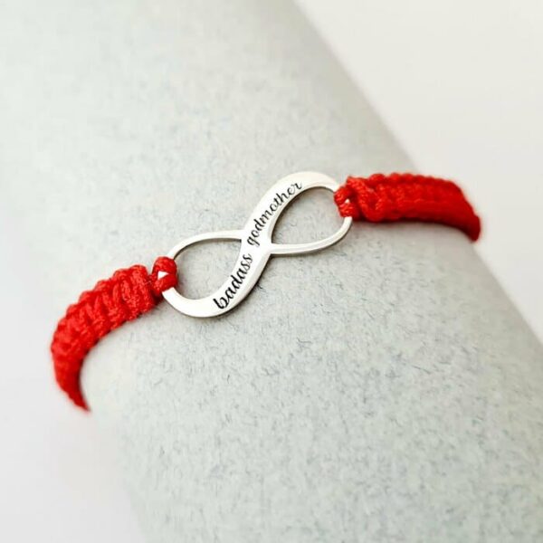 Bratara personalizata – Infinit cu text gravat – Argint 925 – Snur impletit reglabil, diverse culori