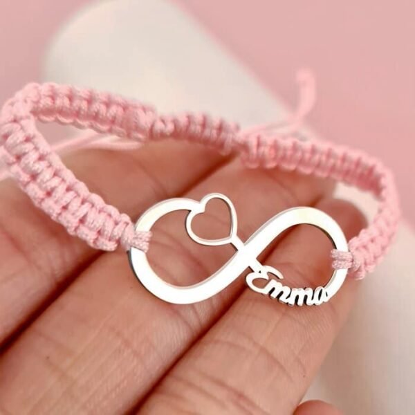 Bratara personalizata – Infinite love – Pandantiv cu nume decupat – Argint 925 – Snur impletit, diverse culori
