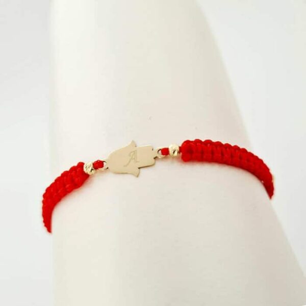 Bratara personalizata – Mana Fatima cu 4 bilute de 3 mm – Aur Galben 14K – Snur impletit reglabil