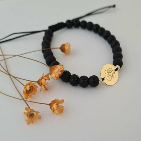 Bratara personalizata – Proaspeti parinti – Banut 12 mm si 2 bilute din Aur Galben 14K – Pietre semipretioase – Inchizatoare snur reglabil