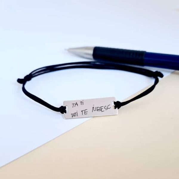 Bratara personalizata – Semnatura sau gravura scrisului de mana – Placuta Argint 925 – Snur reglabil
