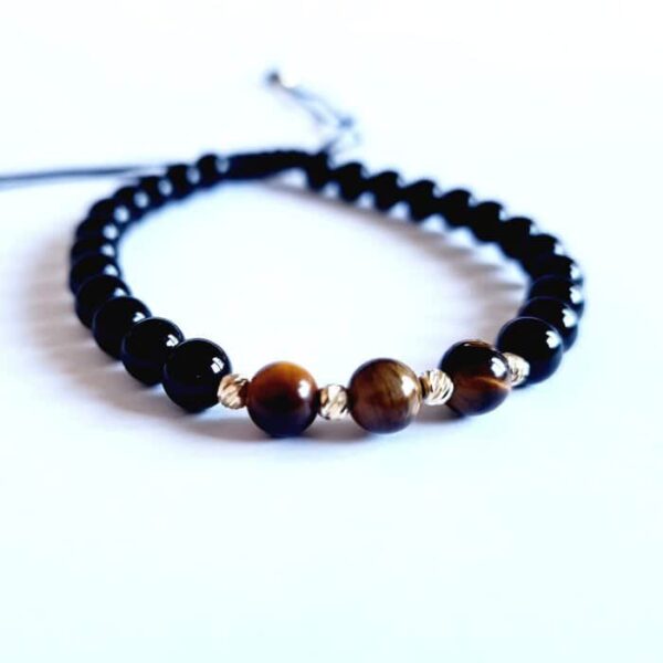 Bratara pietre semipretioase – 3 Ochi de Tigru si Onix alaturi de 6 bilute de 3 mm din Aur 14K – Snur negru rezistent si reglabil