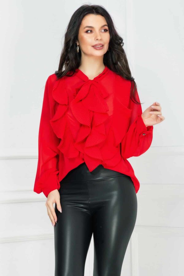 Camasa dama rosie din voal cu volane plisate
