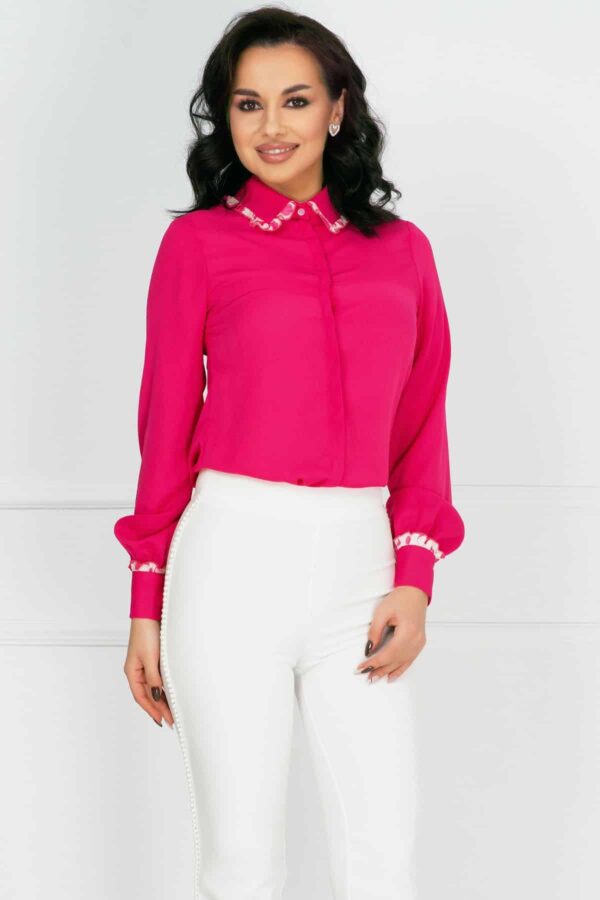 Camasa din voal InPuff fucsia cu volanase cu buline la guler