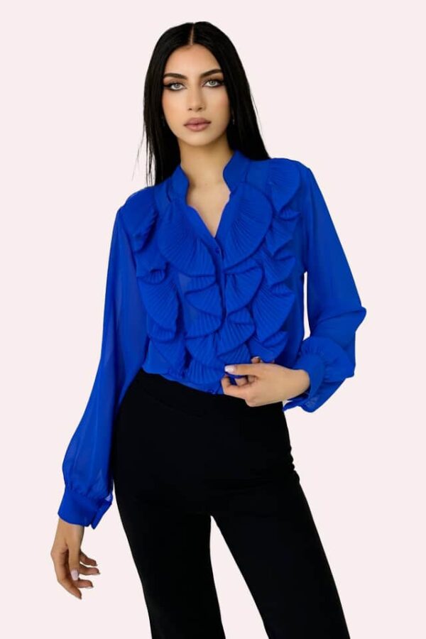 Camasa eleganta Dariana, cu textura vaporoasa, maneca lunga si volane maxi cu aspect plisat, Albastru, Marime universala S/M/L