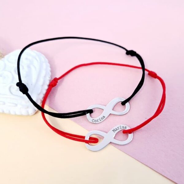 Set 2 bratari personalizate – Model infinit – Argint 925 – Snur reglabil, diverse culori