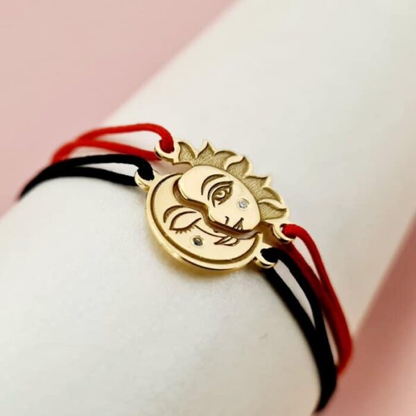 Set 2 bratari cu Diamant natural alb/negru – Luna si Soare – Modele unite – Argint 925 placat cu Aur Galben 18K – Snur reglabil