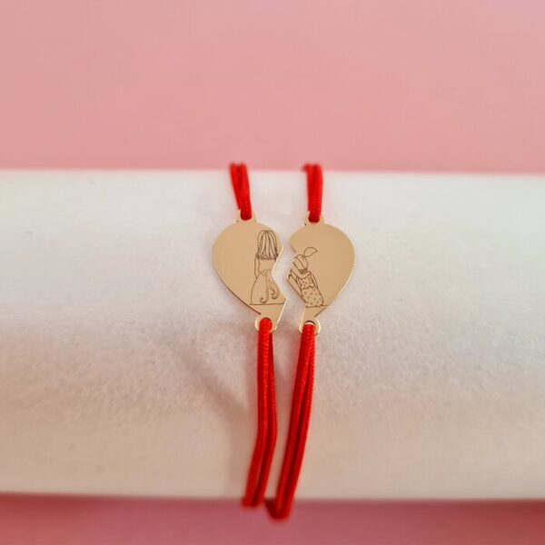 Set 2 bratari – inima puzzle – siluete Mama si Fiica – pandantive de 8×15 mm – Aur galben 14k – snur reglabil