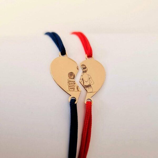 Set 2 bratari – inima puzzle – siluete Mama si Fiu – pandantive de 8×15 mm – Aur galben 14k – snur reglabil