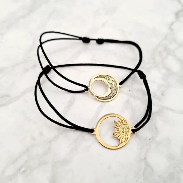 Set 2 bratari personalizate – Luna si Soare – Argint 925 placat cu Aur Galben 18K , snur reglabil