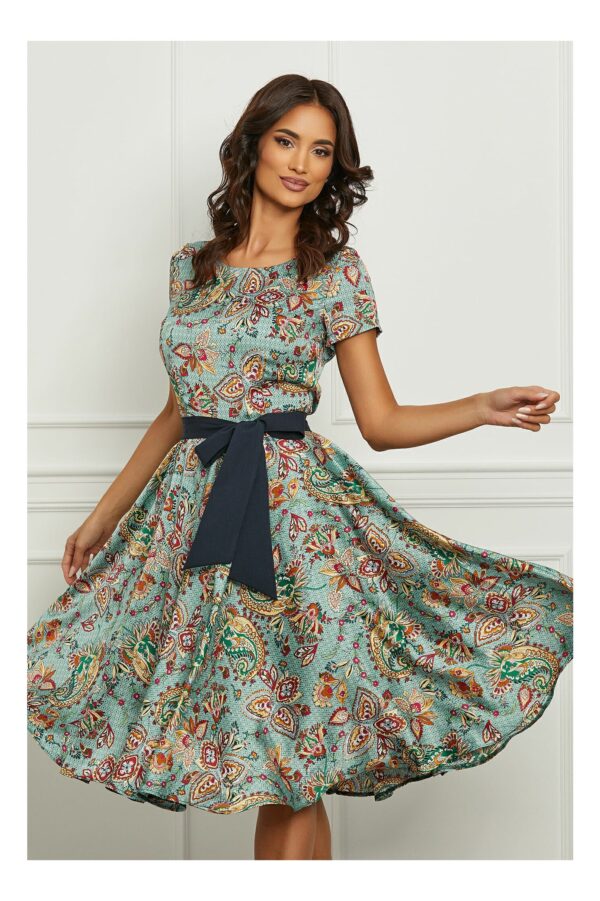 Rochie Alina bleu cu imprimeu colorat si cordon in talie