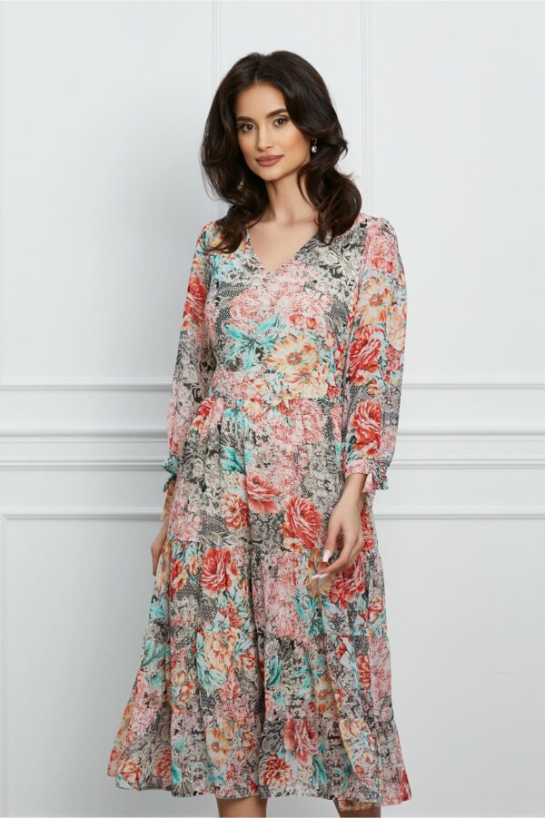 Rochie Amelia bej cu imprimeuri florale rosii