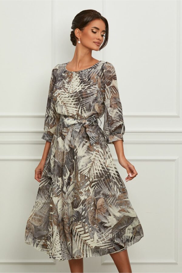 Rochie Camelia gri cu imprimeu exotic si cordon in talie