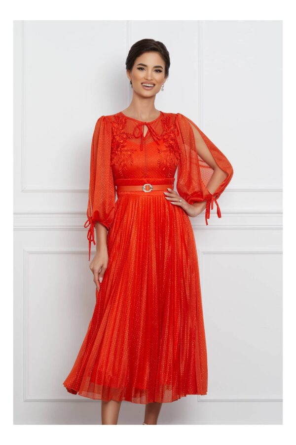 Rochie Carina orange plisata cu broderie pe bust