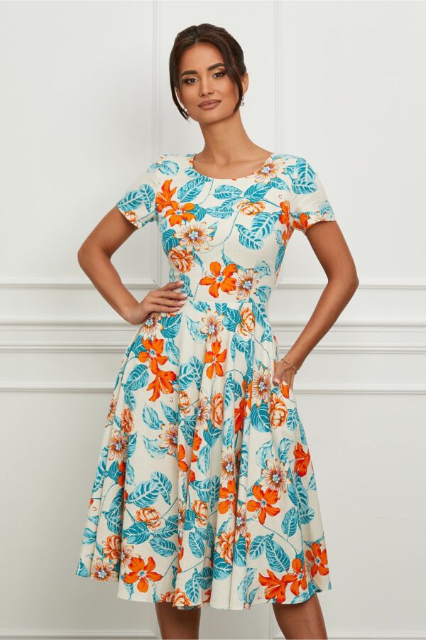 Rochie Daniela ivory cu flori orange