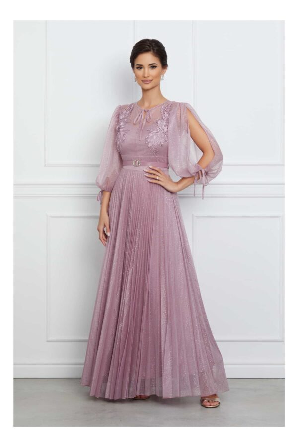 Rochie Daria lunga lila cu broderie la bust si curea in talie