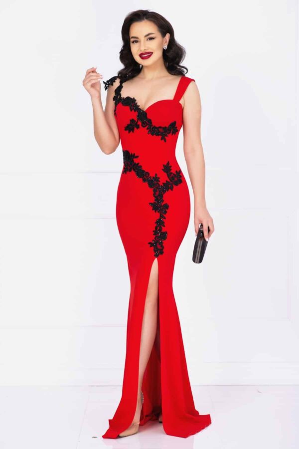 Rochie de lux sirena Calista rosie cu crapatura ampla si dantela neagra