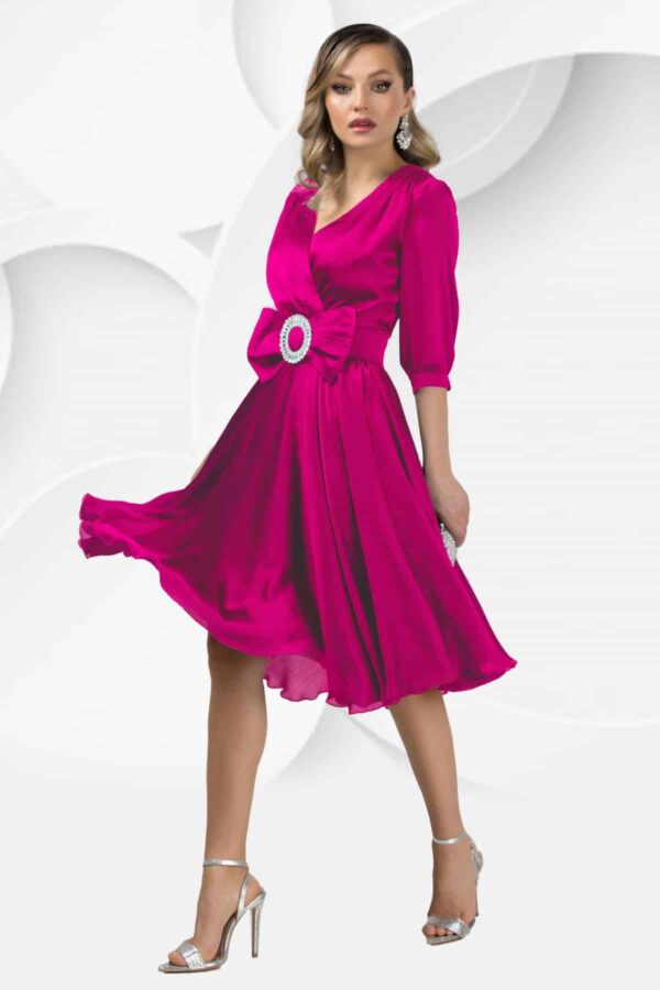 Rochie de ocazie eleganta Pretty Girl fucsia cu funda in talie