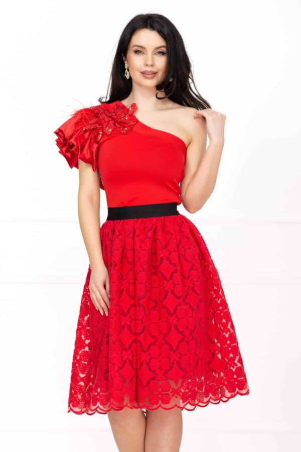 Rochie de ocazie Venezia rosie in clos cu fulgi si broderie