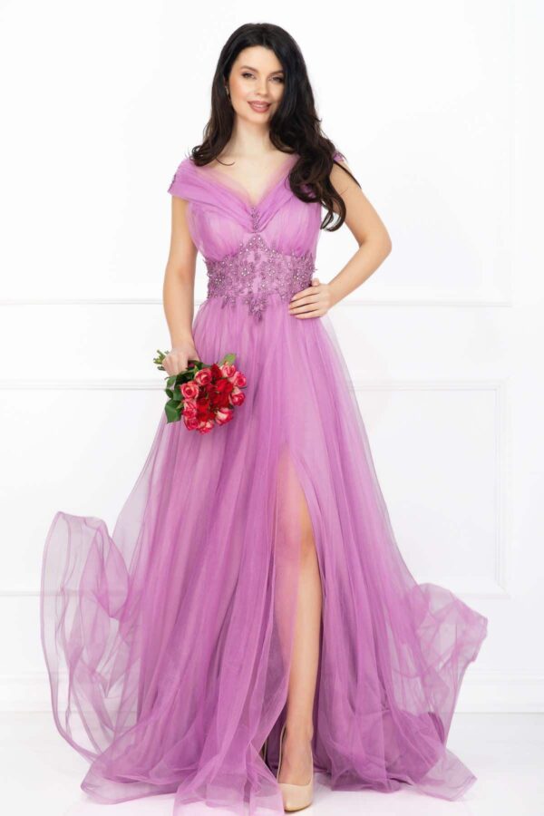 Rochie de seara Evelyn lunga lila eleganta din tulle cu strassuri