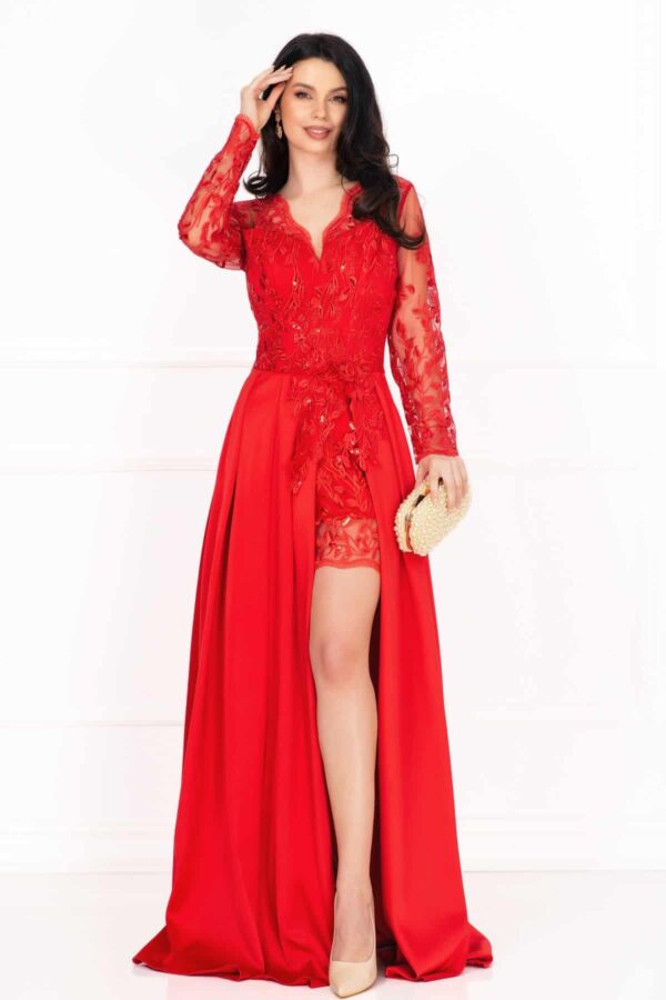 Rochie de seara Ivette din dantela rosie si fusta din tafta