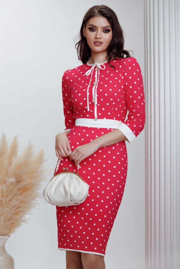 Rochie de zi Fofy eleganta cu print buline si nasturi pretiosi cu perle