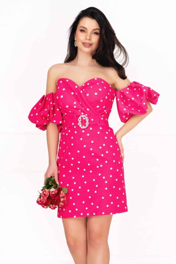 Rochie de zi Layla ciclame cu buline si maneci gogosar