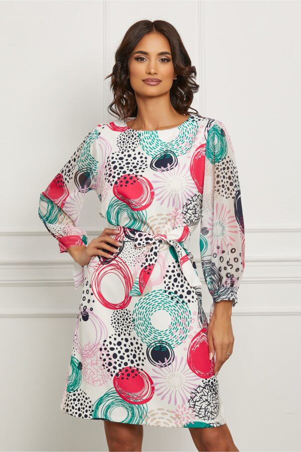Rochie Delia alba cu imprimeuri fucsia si maneci din voal