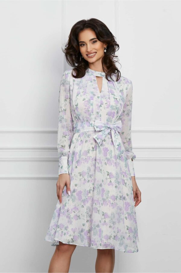 Rochie Dy Fashion alba cu flori lila si cordon in talie