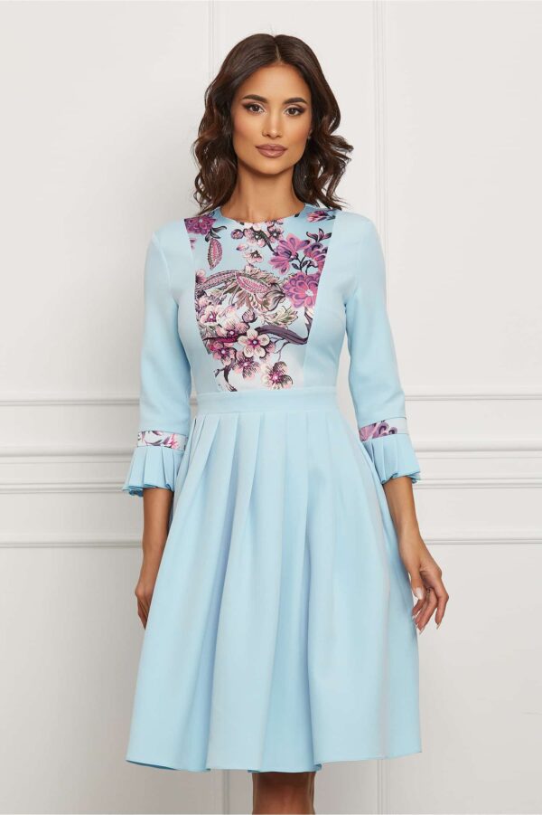 Rochie Dy Fashion bleu cu imprimeu pe bust si pliuri pe fusta
