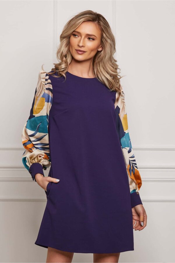 Rochie Dy Fashion bleumarin cu imprimeu pe maneci