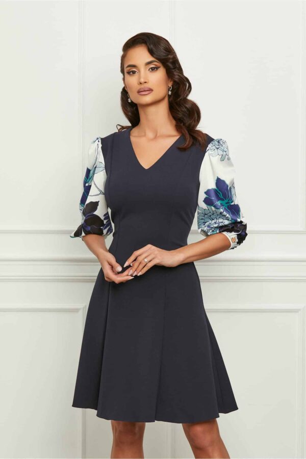 Rochie Dy Fashion bleumarin cu maneci din satin