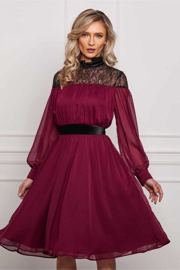 Rochie Dy Fashion bordo din voal cu cordon catifelat in talie
