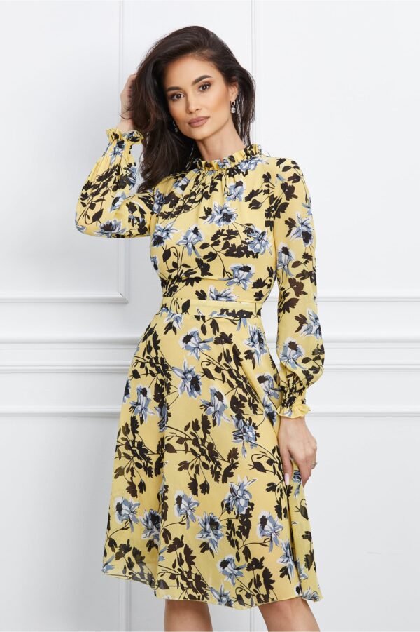 Rochie Dy Fashion din voal galbena cu flori gri